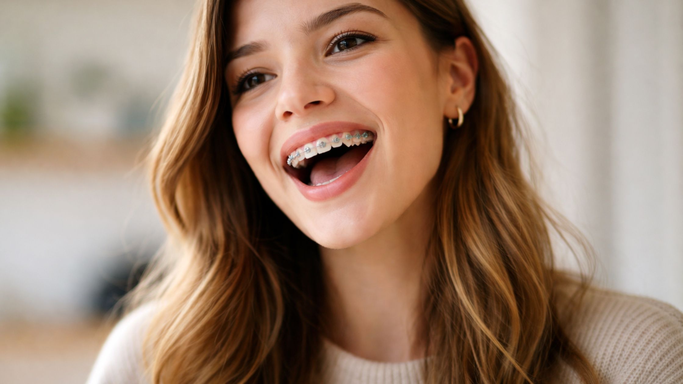 Chica joven con brackets hablando y sonriendo durante su tratamiento de ortodoncia