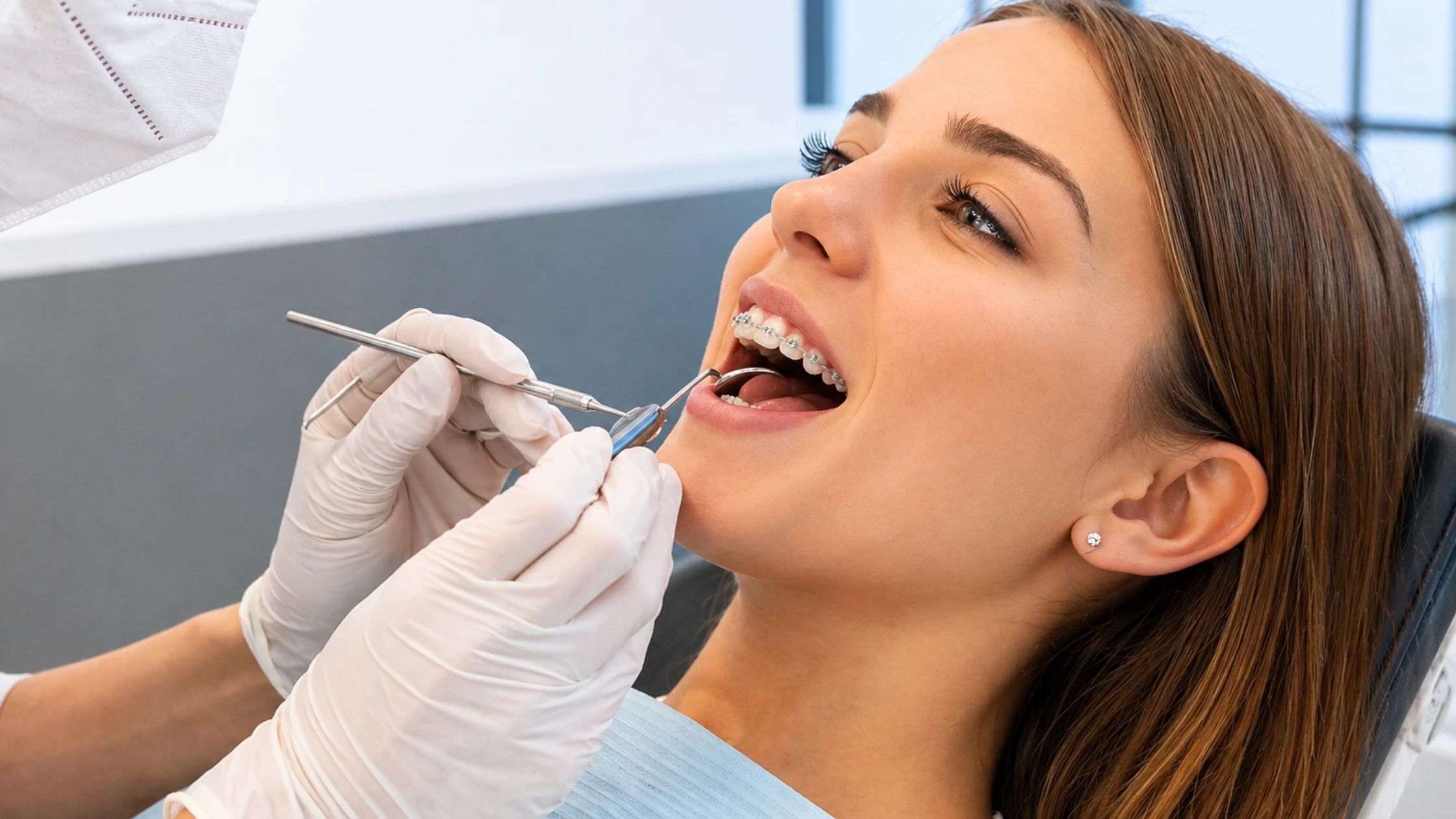 Paciente con brackets durante revisión en clínica de ortodoncia en Zaragoza